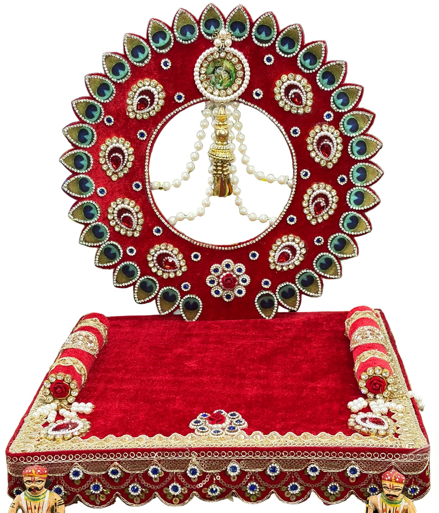 Red velvet peacock feather Laddu Gopal singhasan with Radha Krishna medallion – 12 inch size