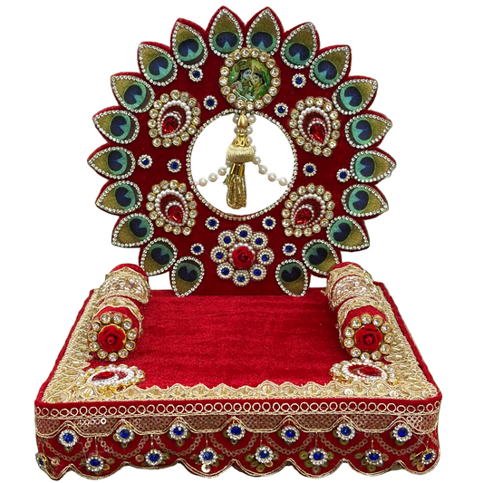 Red velvet peacock feather Laddu Gopal singhasan with Radha Krishna medallion – 8 inch size