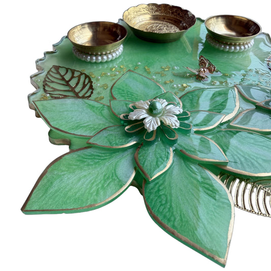 Mint Green 3D Lotus Resin Pooja Thali (8 Inch)
