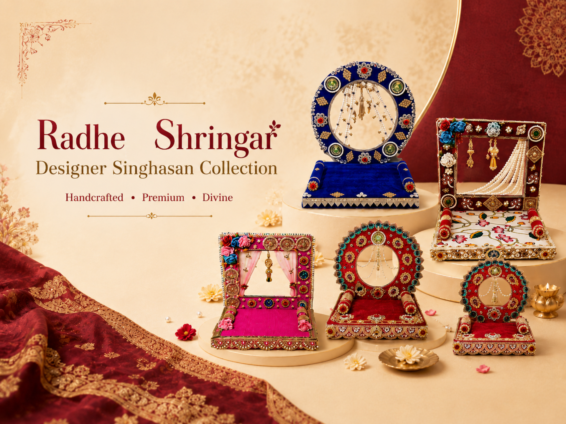 Designer Singhasan collection with decorative items on a beige and red background, featuring the brand 'Radhe Shringar'.