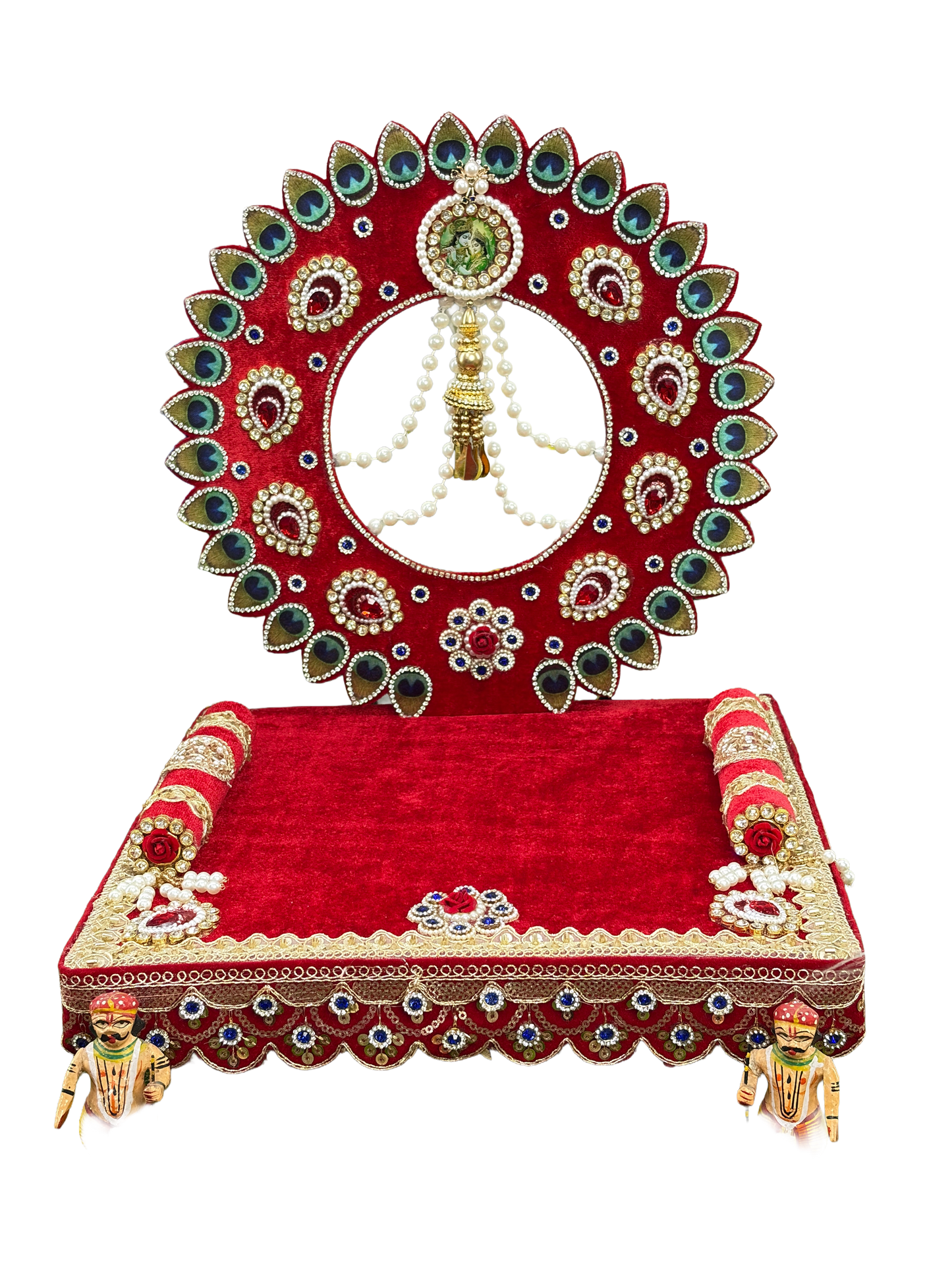 Laddu Gopal Singhasan Red Velvet Peacock Feather Design With Round Back Frame – 6 8 10 12 Inch