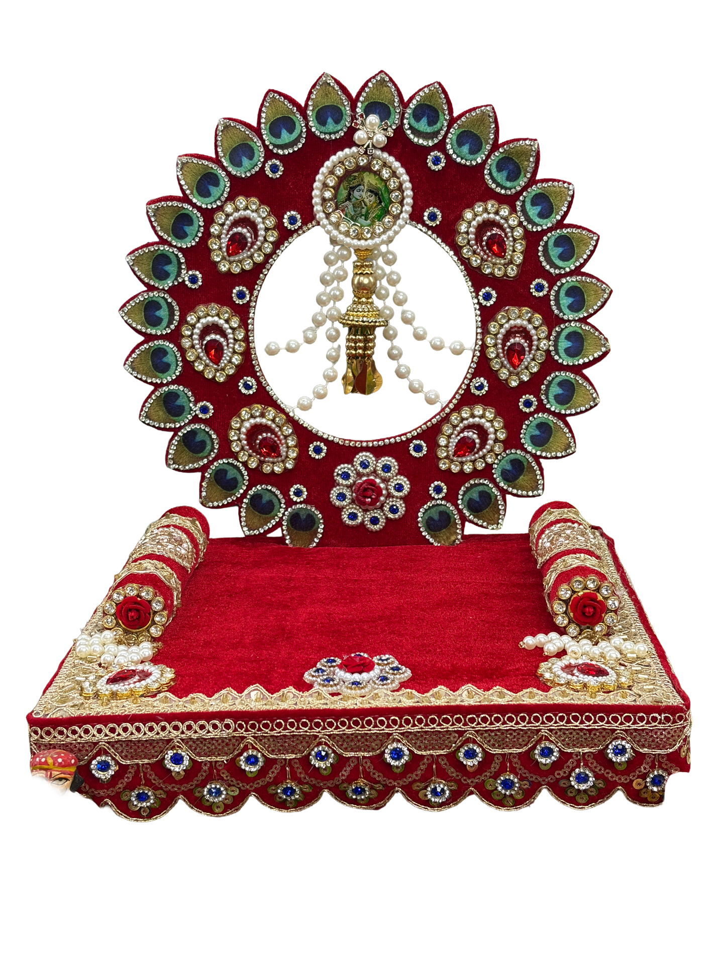 Laddu Gopal Singhasan Red Velvet Peacock Feather Design With Round Back Frame – 6 8 10 12 Inch