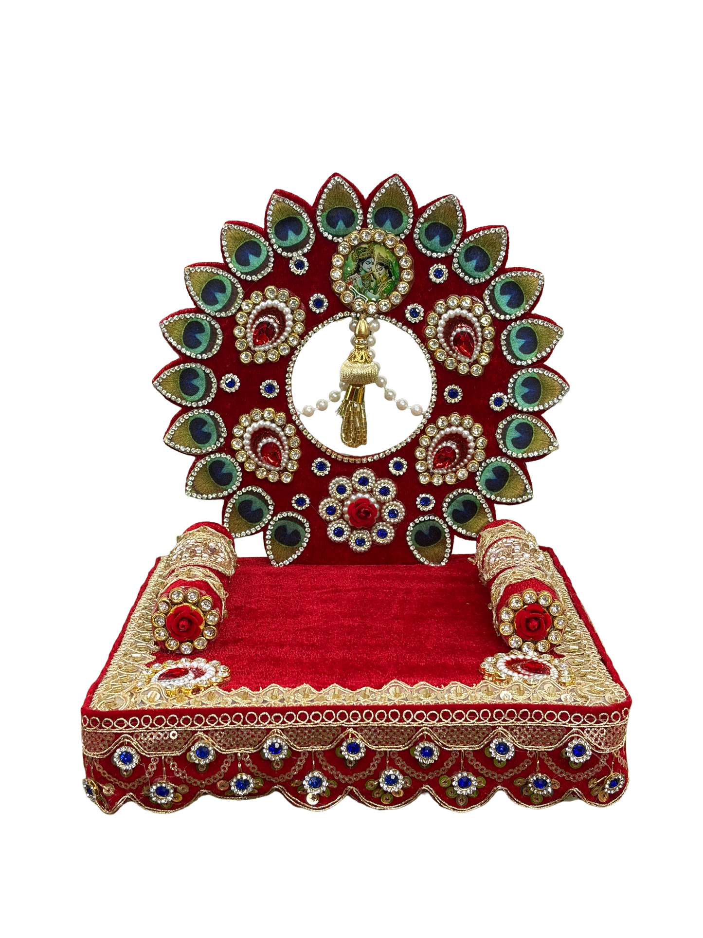 Laddu Gopal Singhasan Red Velvet Peacock Feather Design With Round Back Frame – 6 8 10 12 Inch