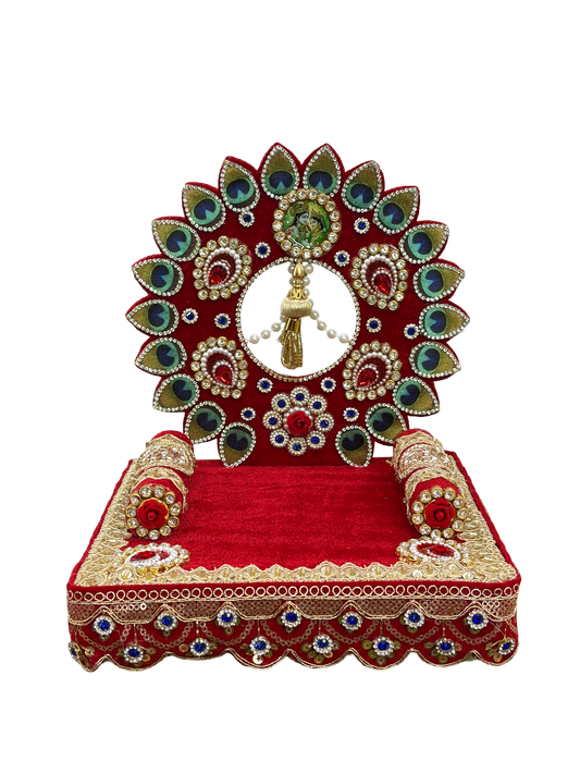Laddu Gopal Singhasan Red Velvet Peacock Feather Design With Round Back Frame – 6 8 10 12 Inch