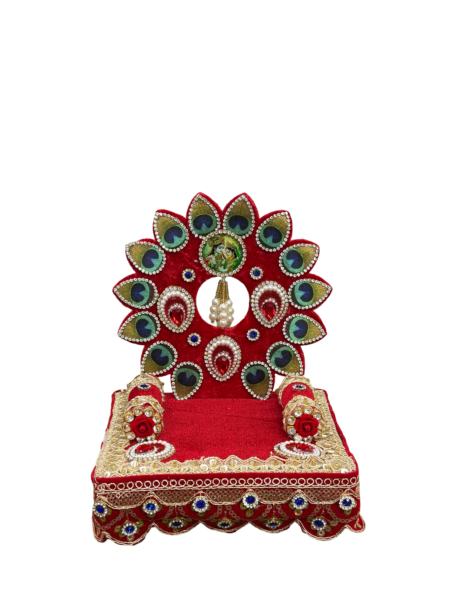 Laddu Gopal Singhasan Red Velvet Peacock Feather Design With Round Back Frame – 6 8 10 12 Inch