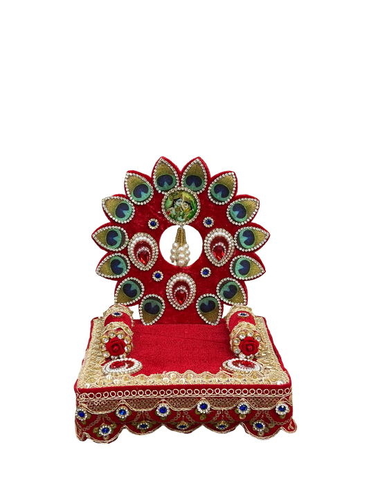 Laddu Gopal Singhasan Red Velvet Peacock Feather Design With Round Back Frame – 6 8 10 12 Inch