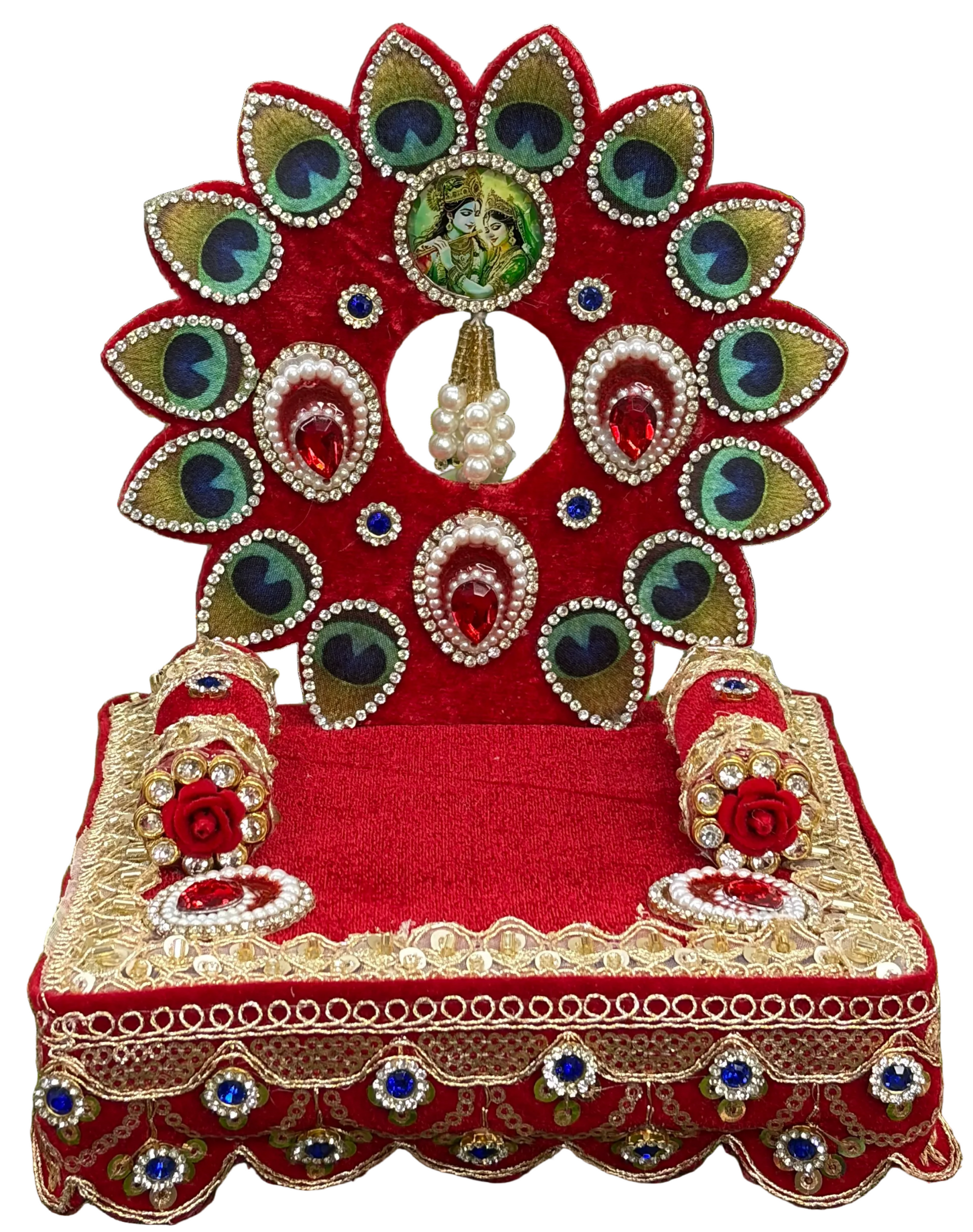 Red velvet peacock feather Laddu Gopal singhasan with Radha Krishna medallion – 6 inch size