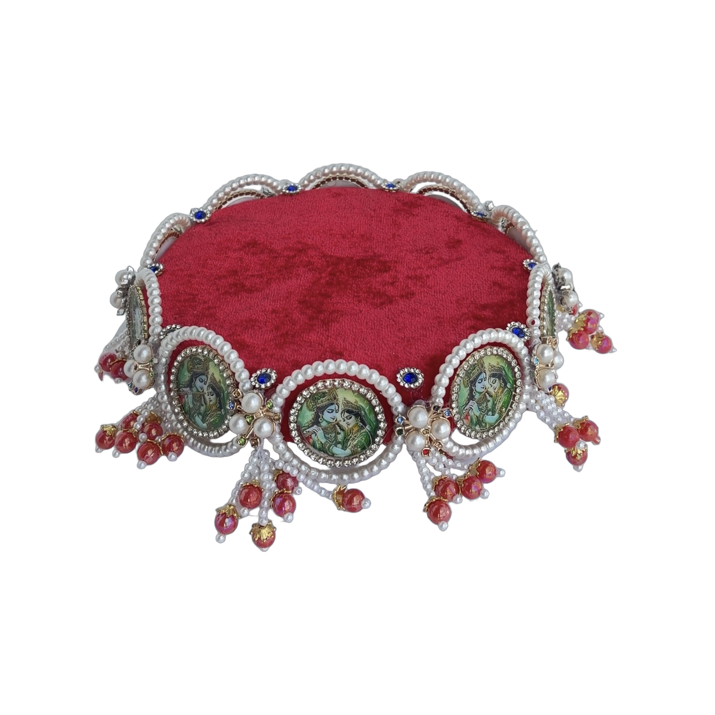 Laddu Gopal Asan Red Velvet With Radha Krishna Medallions Pearl & Crystal Border – Single Size