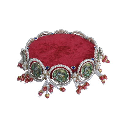 Laddu Gopal Asan Red Velvet With Radha Krishna Medallions Pearl & Crystal Border – Single Size