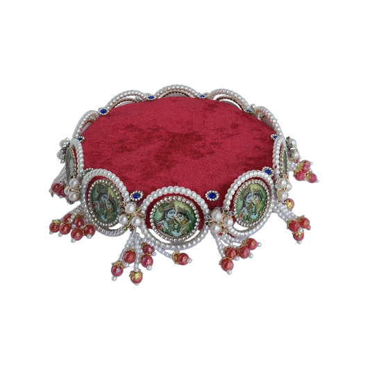 Laddu Gopal Asan Red Velvet With Radha Krishna Medallions Pearl & Crystal Border – Single Size