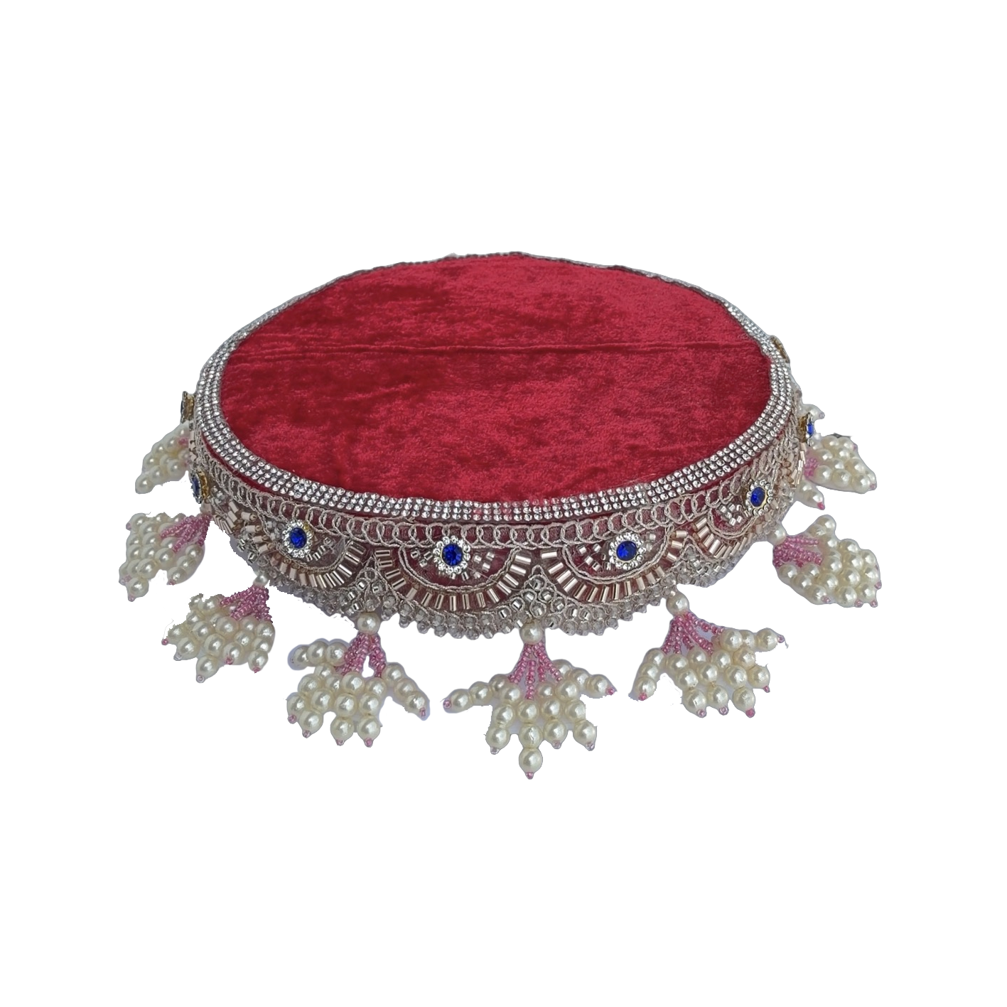 Laddu Gopal Round Asan Red Velvet With Pearl Tassel & Crystal Lace Border – Single Size