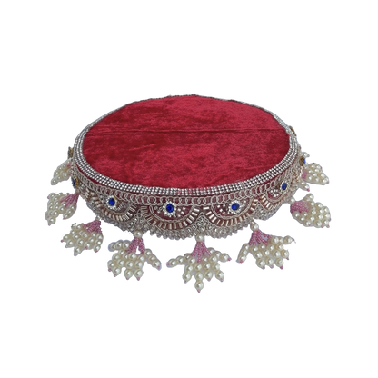 Laddu Gopal Round Asan Red Velvet With Pearl Tassel & Crystal Lace Border – Single Size