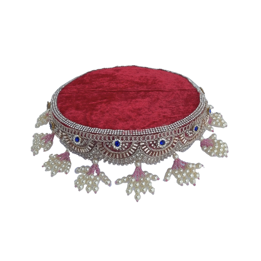 Laddu Gopal Round Asan Red Velvet With Pearl Tassel & Crystal Lace Border – Single Size