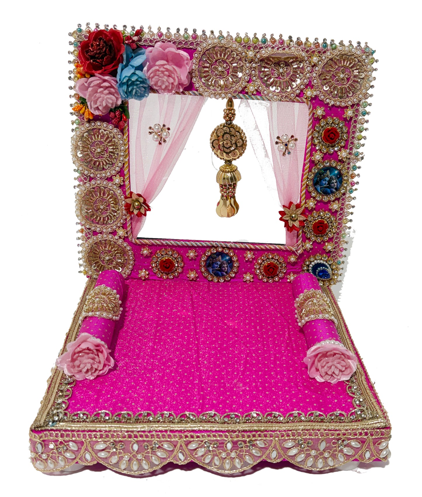 Laddu Gopal Singhasan Pink Velvet With Mandir Style Back Frame & Curtain – 6 8 10 12 Inch