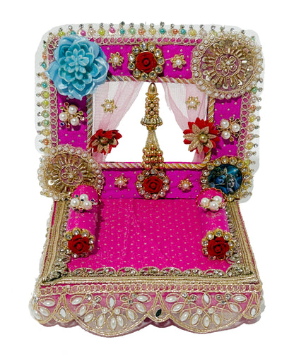Laddu Gopal Singhasan Pink Velvet With Mandir Style Back Frame & Curtain – 6 8 10 12 Inch