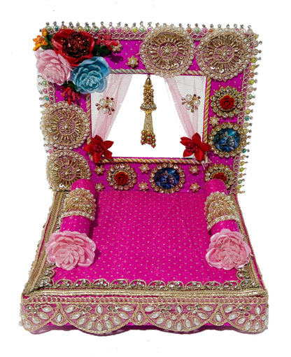 Laddu Gopal Singhasan Pink Velvet With Mandir Style Back Frame & Curtain – 6 8 10 12 Inch