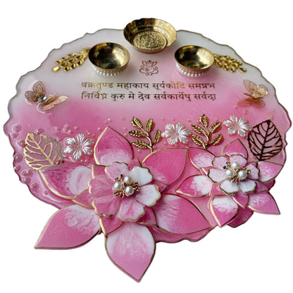 Pink Peacock 3D Lotus Grand Resin Pooja Thali (10 Inch)