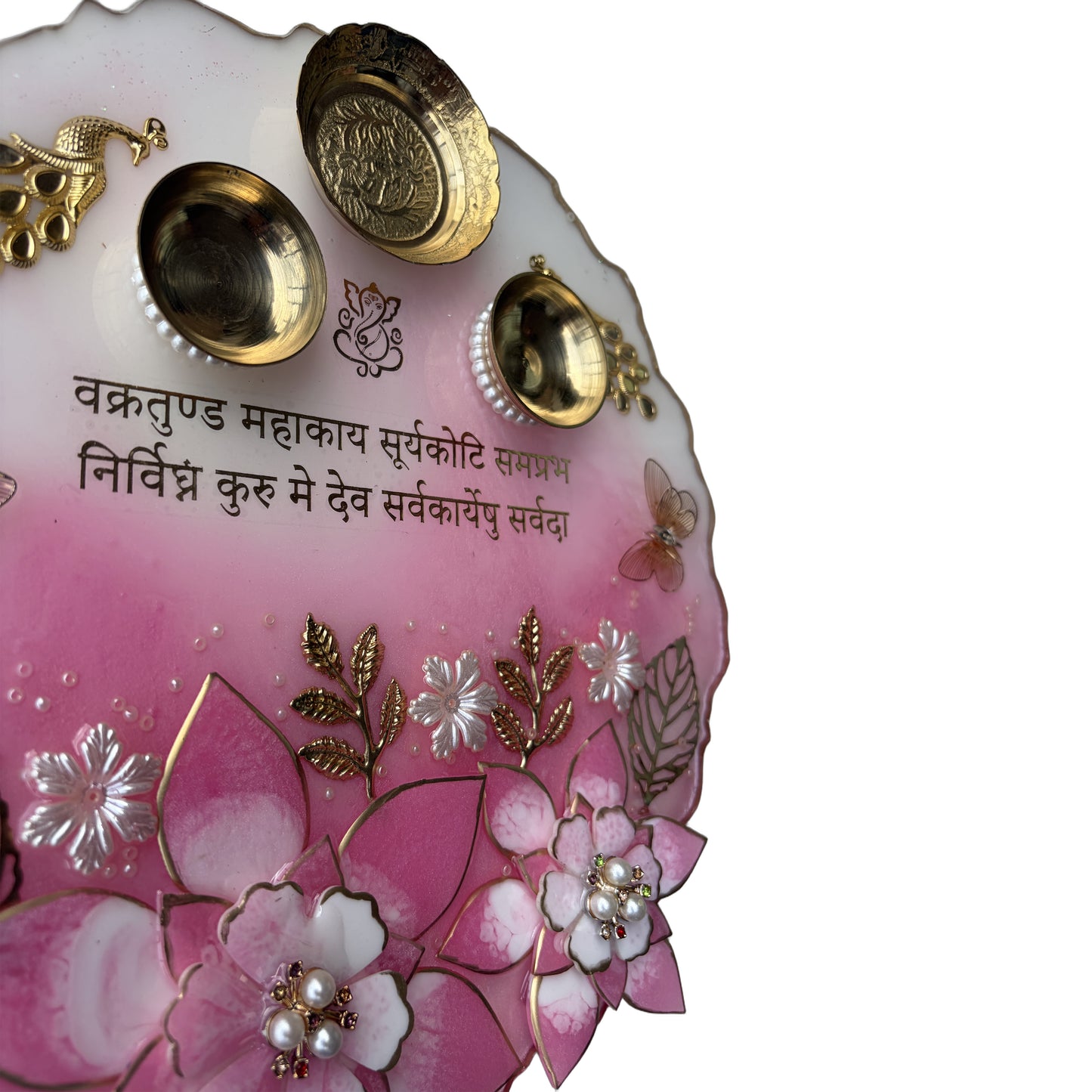 Pink Peacock 3D Lotus Grand Resin Pooja Thali (10 Inch)