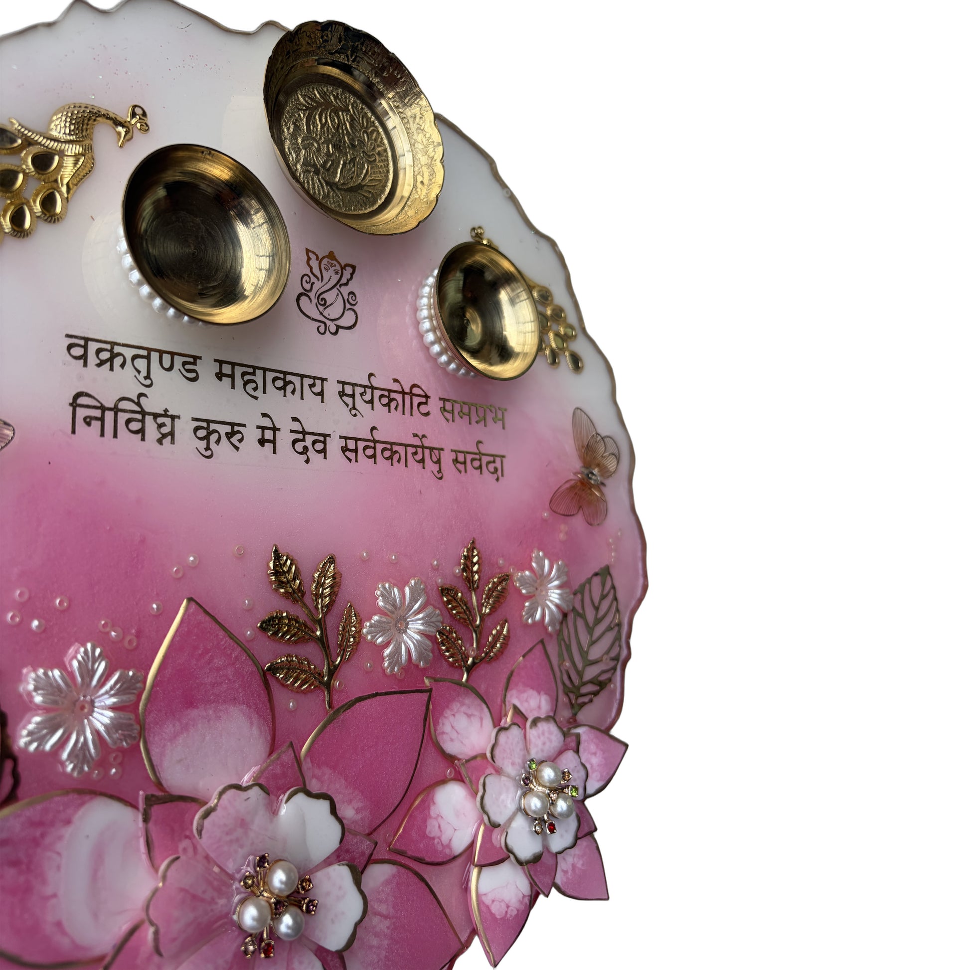 Pink Peacock 3D Lotus Grand Resin Pooja Thali (10 Inch)