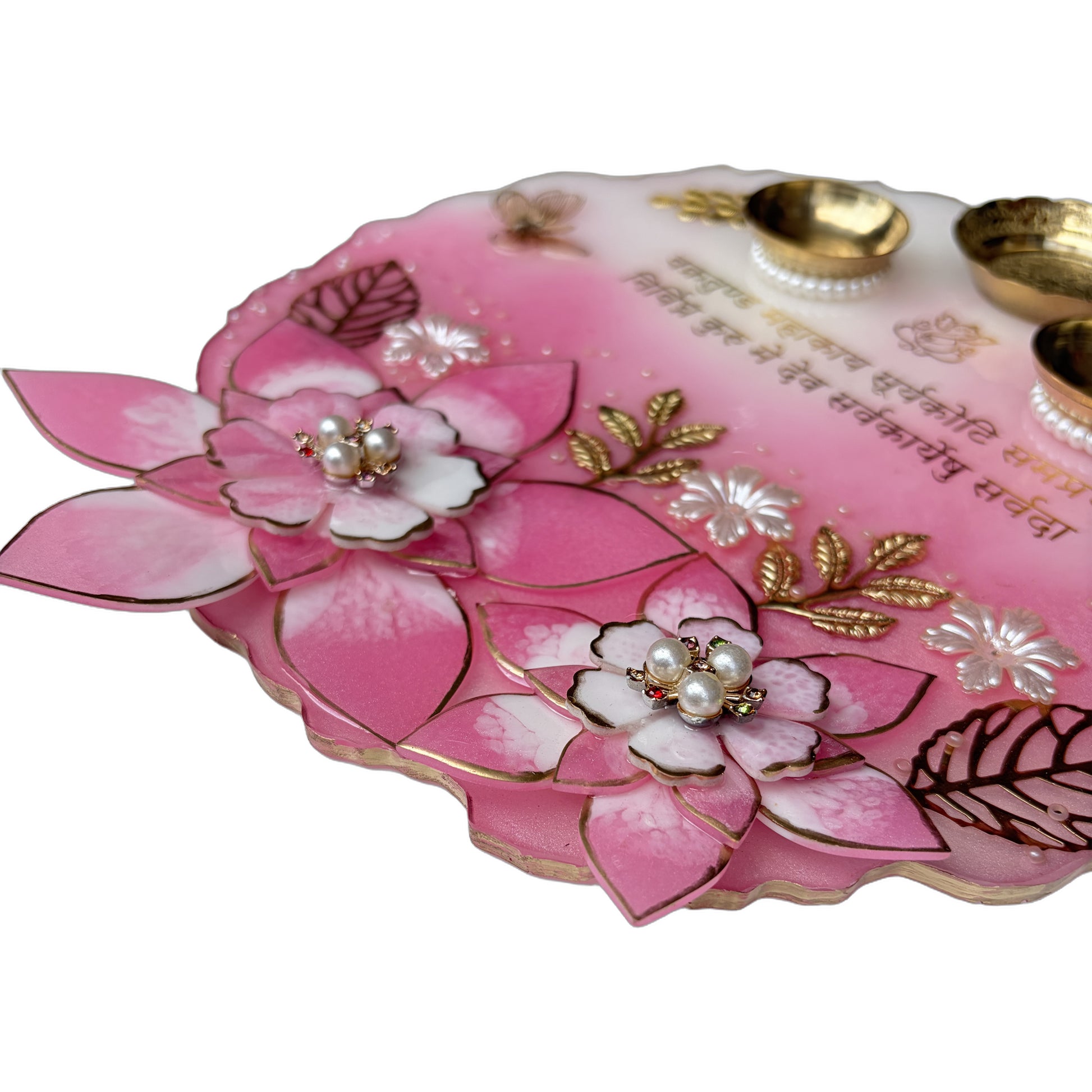 Pink Peacock 3D Lotus Grand Resin Pooja Thali (10 Inch)