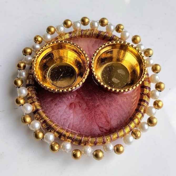 Blush Rose Pearl-Rim Mini Resin Pooja Thali (3 Inch) ✨