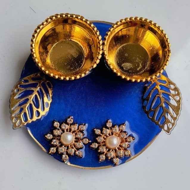 Royal Blue Crystal Flower Mini Resin Pooja Thali (3 Inch) ✨