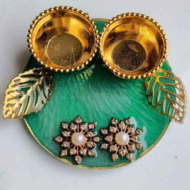Emerald Green Crystal Flower Mini Resin Pooja Thali (3 Inch) ✨