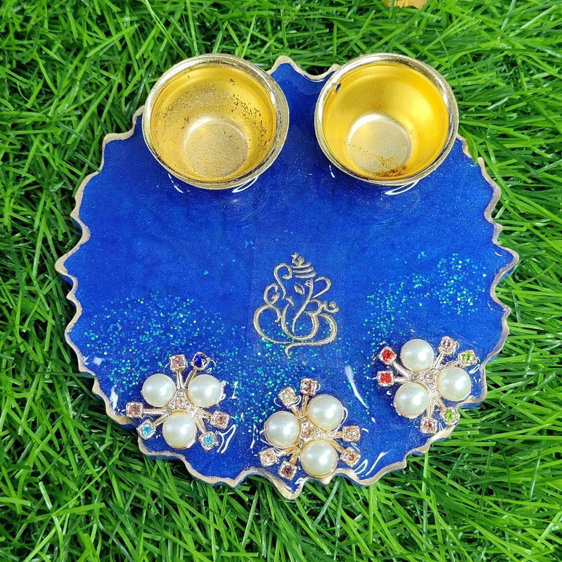 Royal Blue Sparkle Ganesha Resin Pooja Thali (4 Inch) ✨