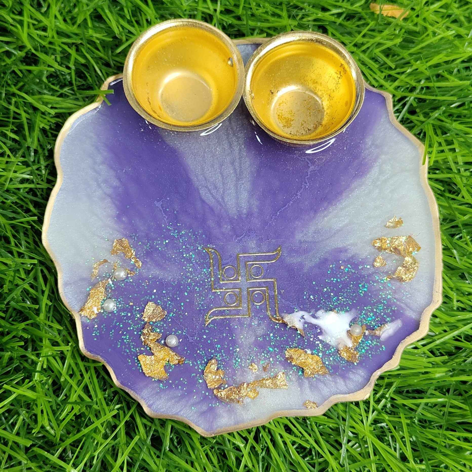 Lavender Swastik Gold-Flake Resin Pooja Thali (4 Inch) ✨