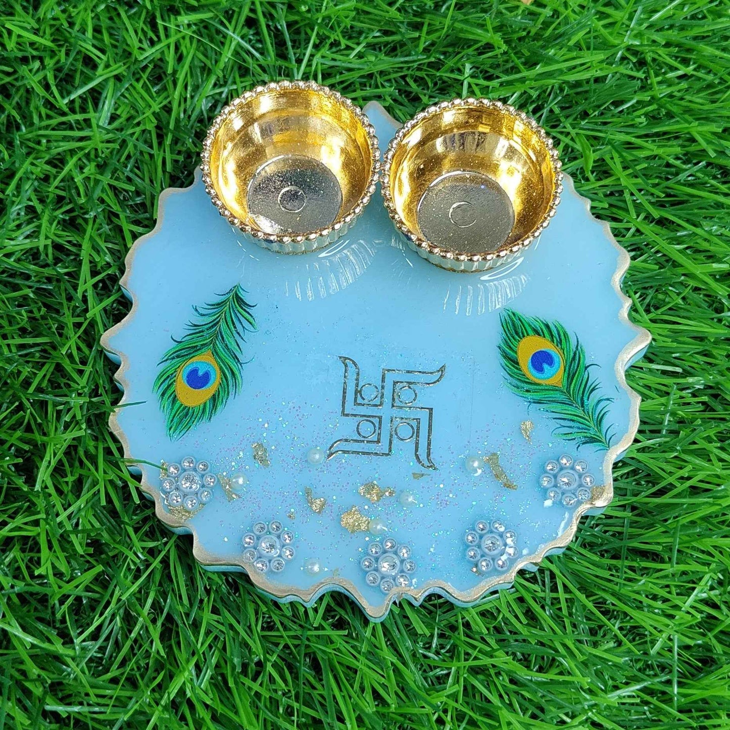 Sky Blue Mor Pankh Swastik Resin Pooja Thali (4 Inch) ✨