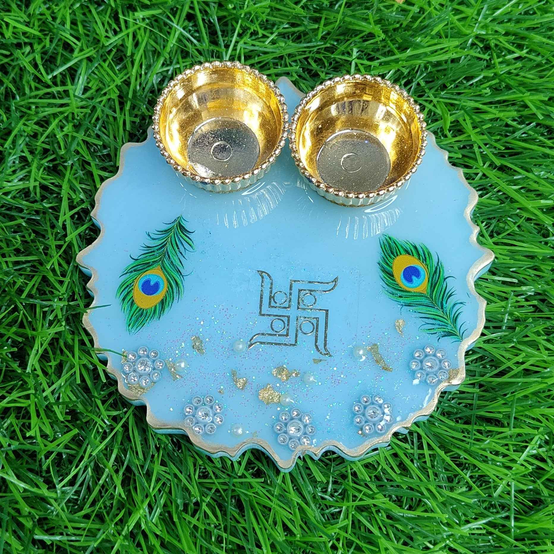 Sky Blue Mor Pankh Swastik Resin Pooja Thali (4 Inch) ✨