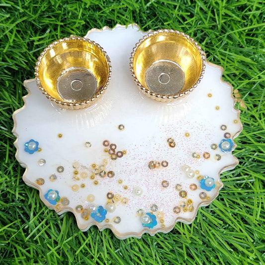 White Floral Sequin Resin Pooja Thali (4 Inch) ✨