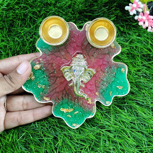 Green & Pink 3D Ganesha Resin Pooja Thali (5 Inch) ✨