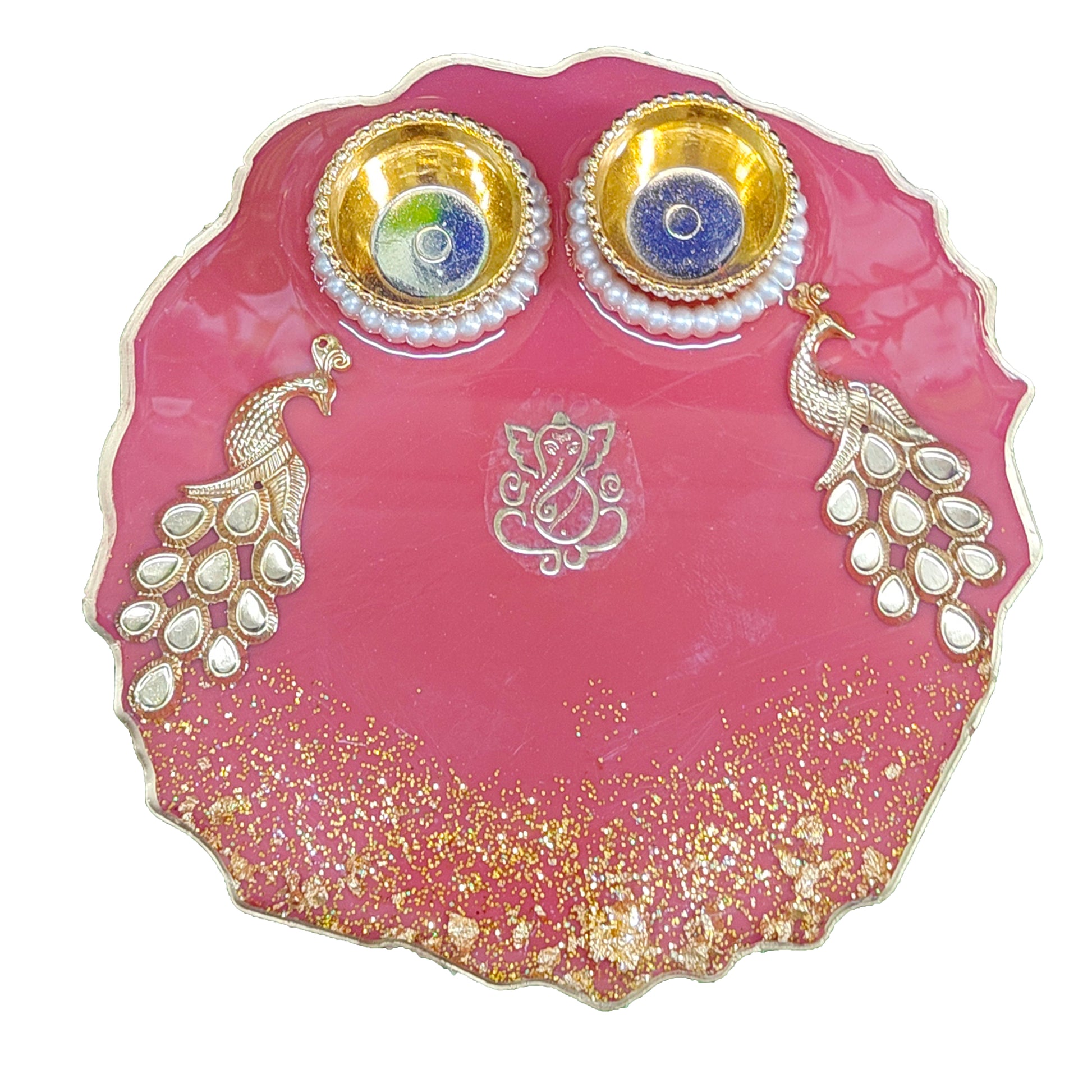 Pink Peacock & Ganesha Resin Pooja Thali (6 Inch)