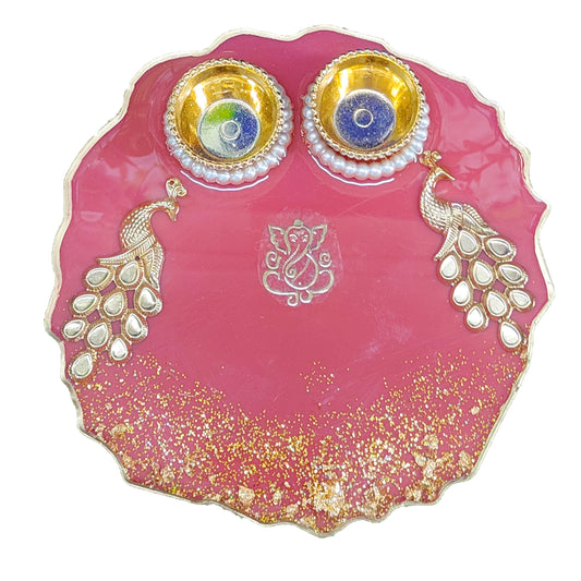 Pink Peacock & Ganesha Resin Pooja Thali (6 Inch)