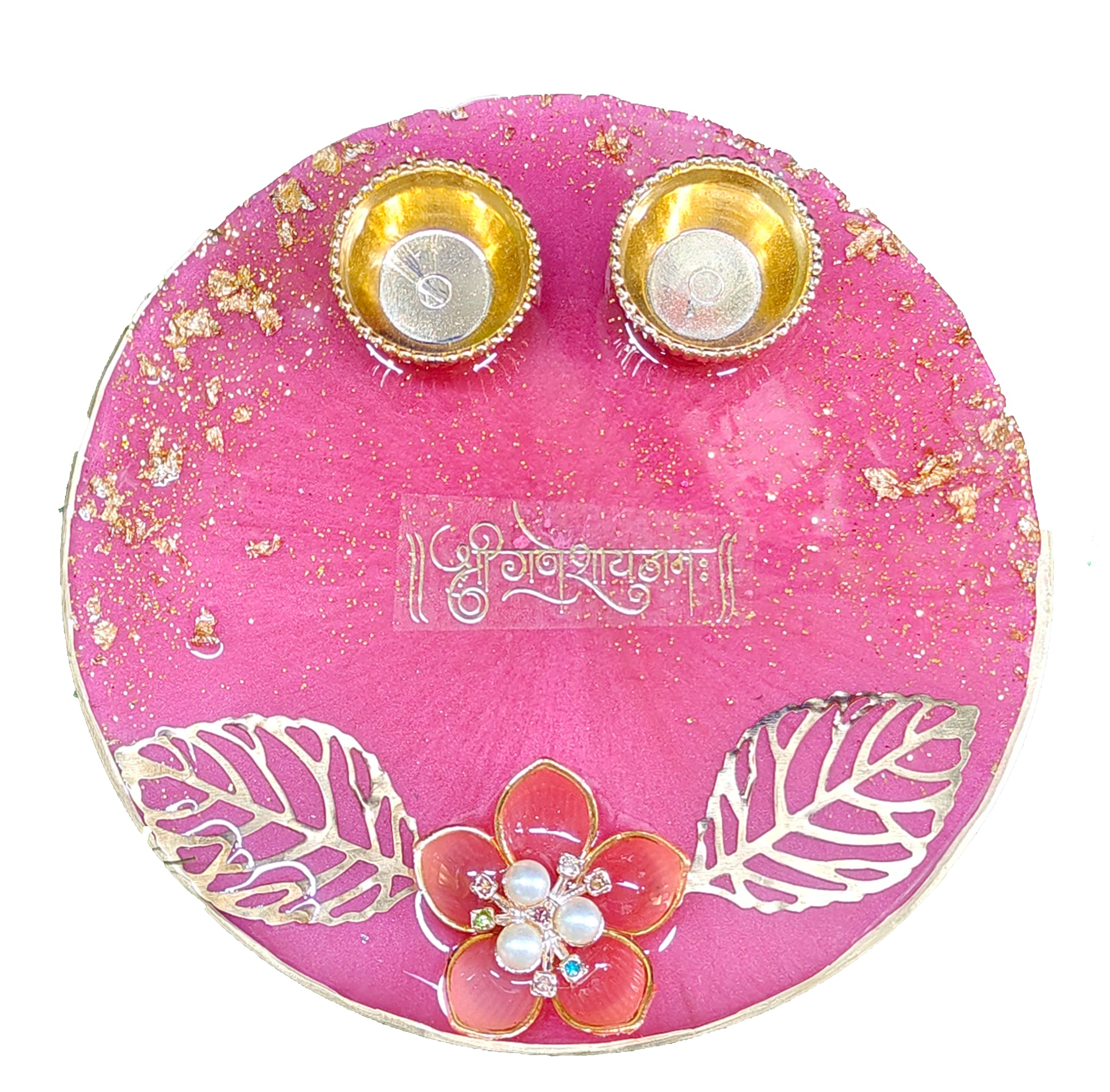 Magenta Ganesha Floral Resin Pooja Thali (6 Inch)