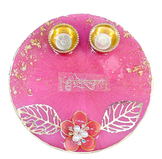Magenta Ganesha Floral Resin Pooja Thali (6 Inch)