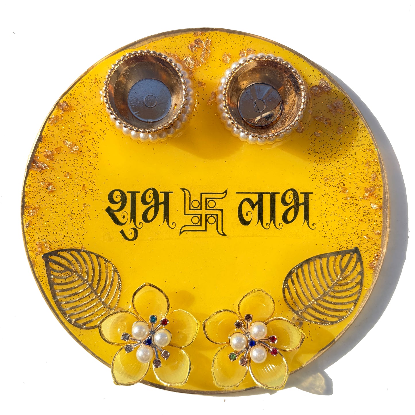 Yellow Shubh Labh Resin Pooja Thali (6 Inch)