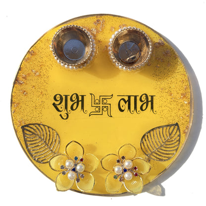 Yellow Shubh Labh Resin Pooja Thali (6 Inch)