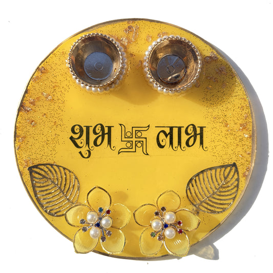 Yellow Shubh Labh Resin Pooja Thali (6 Inch)