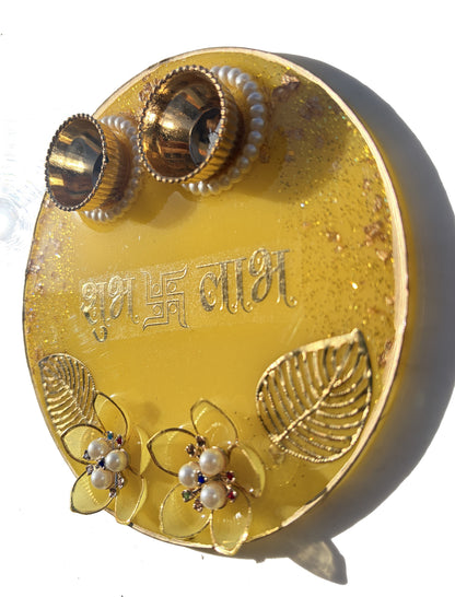 Yellow Shubh Labh Resin Pooja Thali (6 Inch)