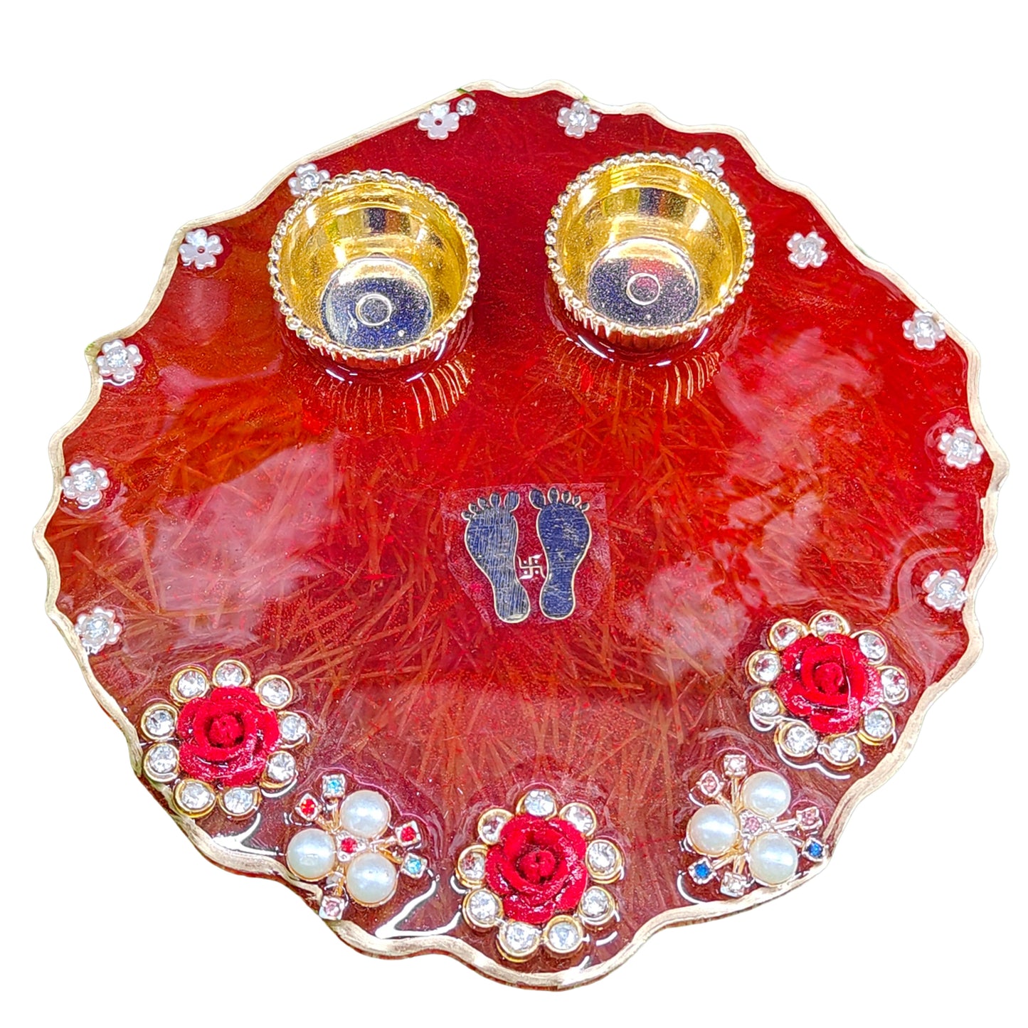 Red Charan & Rose Resin Pooja Thali (6 Inch)