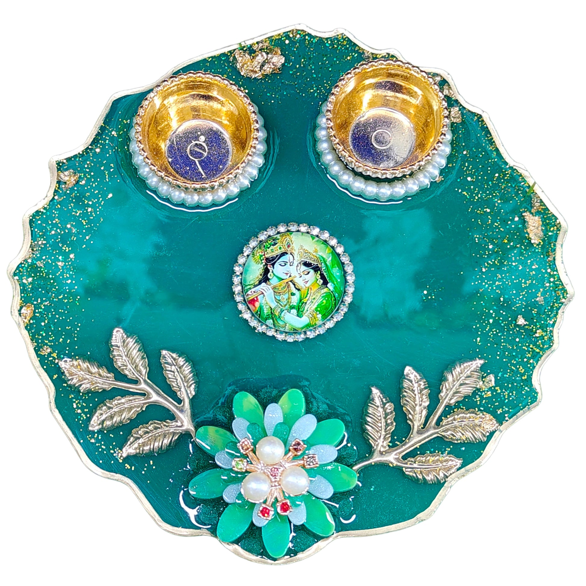 Teal Radha Krishna Resin Pooja Thali (6 Inch)
