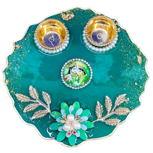 Teal Radha Krishna Resin Pooja Thali (6 Inch)