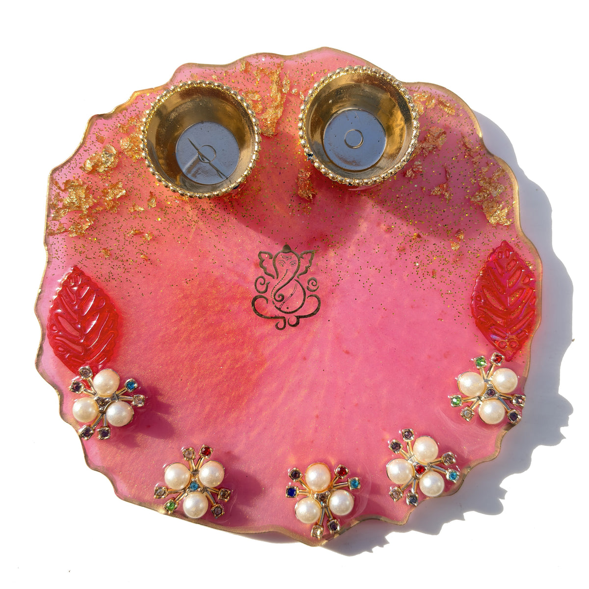 Pink Ganesha Pearl Resin Pooja Thali (6 Inch)