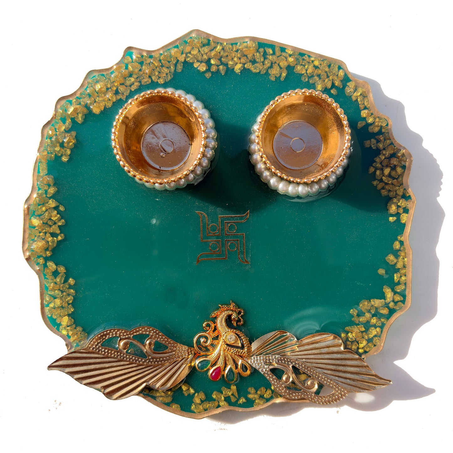 Teal Peacock Swastik Resin Pooja Thali (6 Inch)