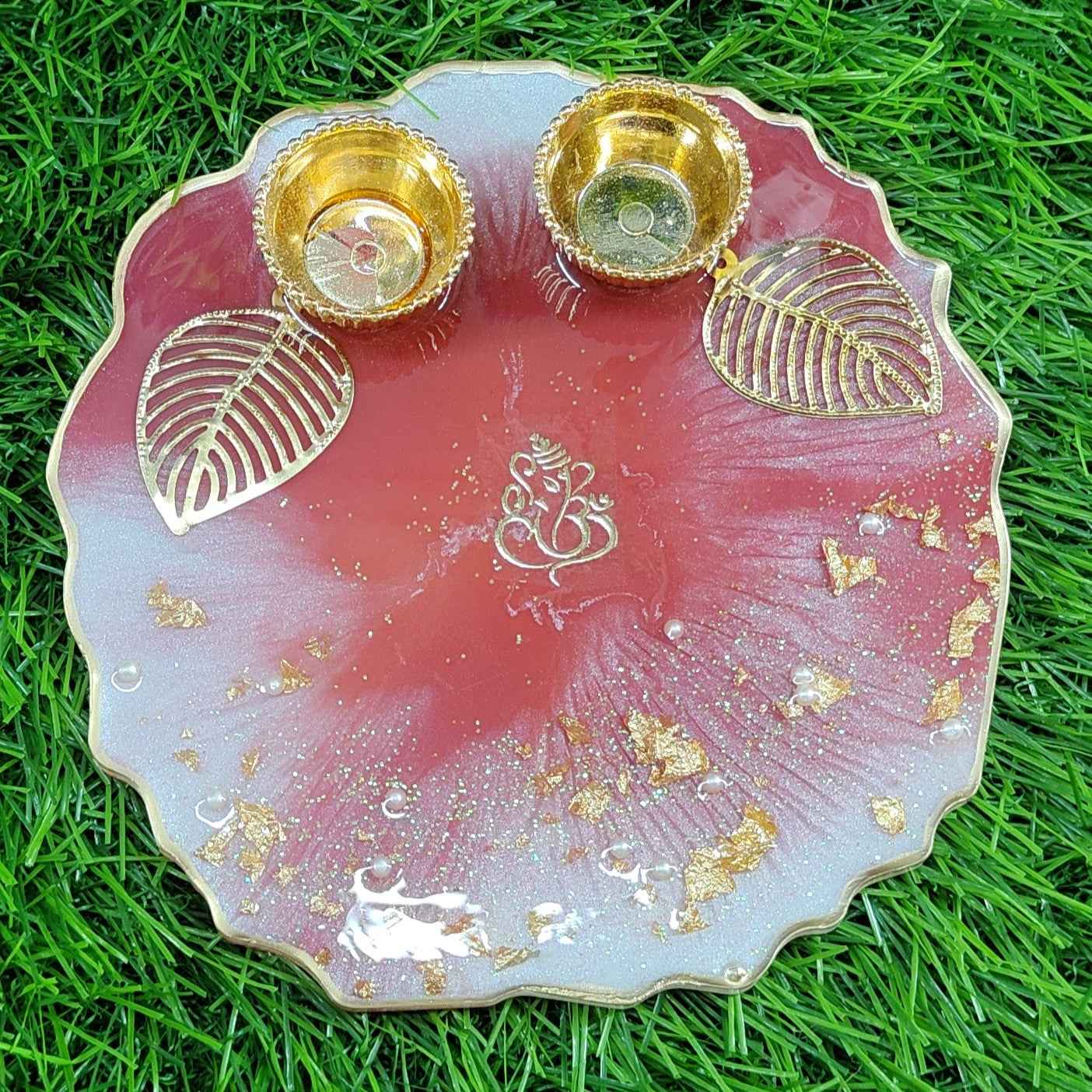 Blush Ivory Ganesha Gold-Leaf Resin Pooja Thali (6 Inch) ✨