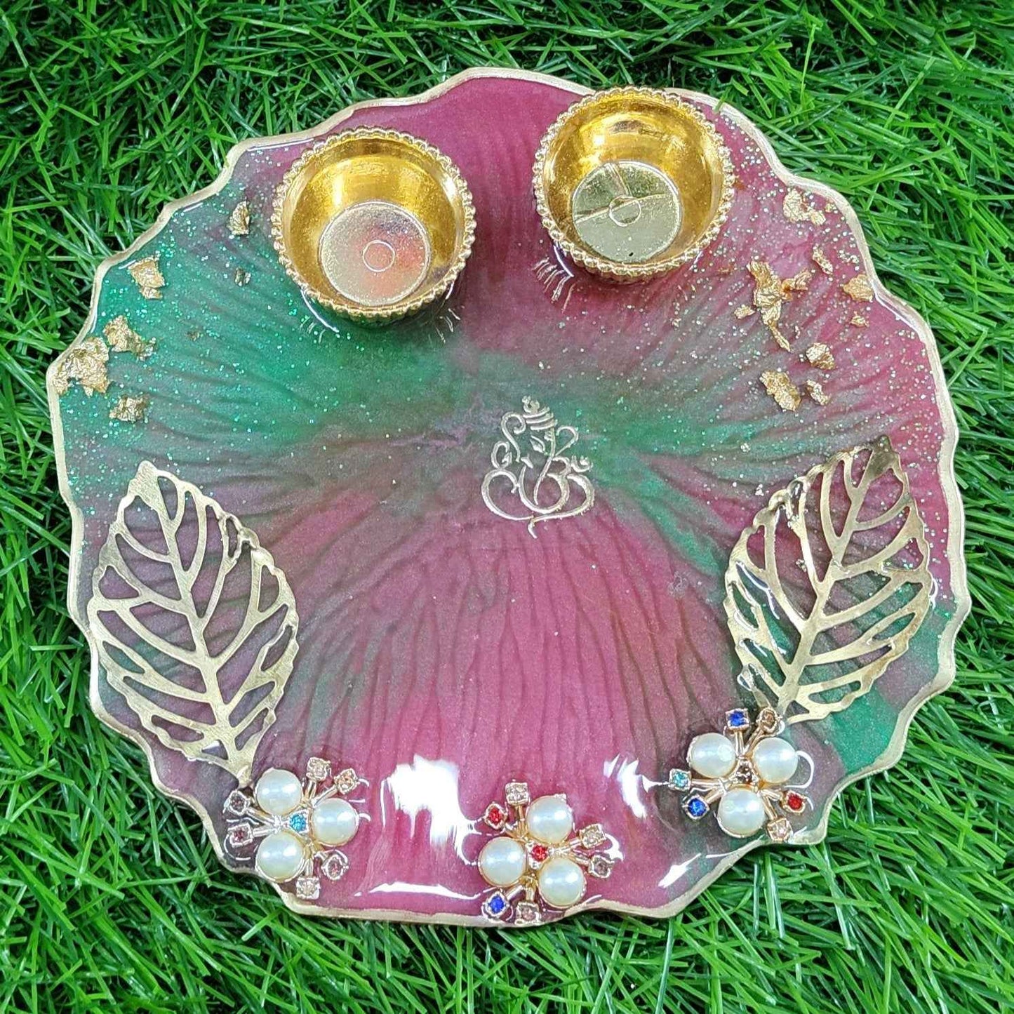 Forest Green & Maroon Ganesha Resin Pooja Thali (6 Inch) ✨