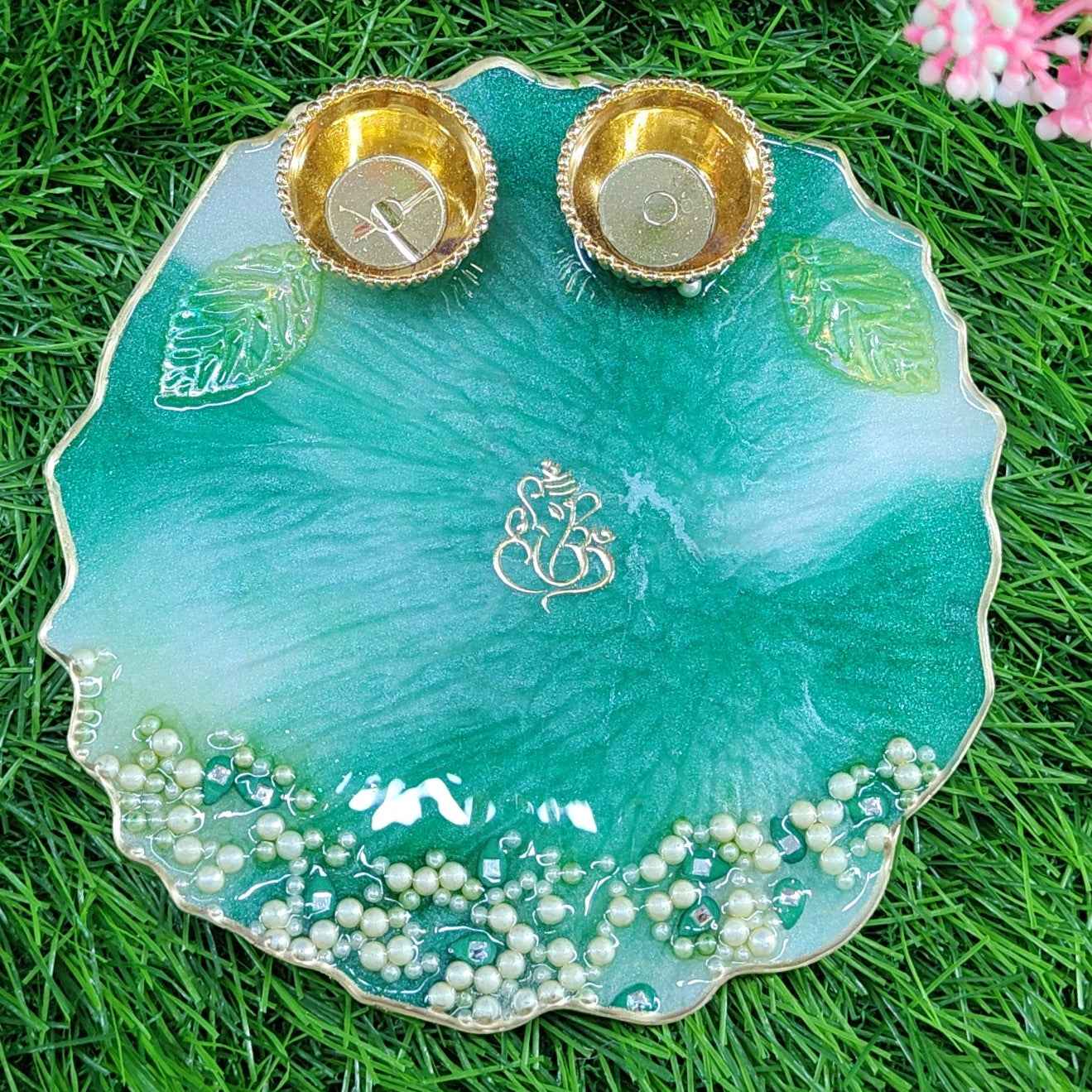 Teal Pearl Cascade Ganesha Resin Pooja Thali (6 Inch) ✨