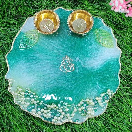 Teal Pearl Cascade Ganesha Resin Pooja Thali (6 Inch) ✨